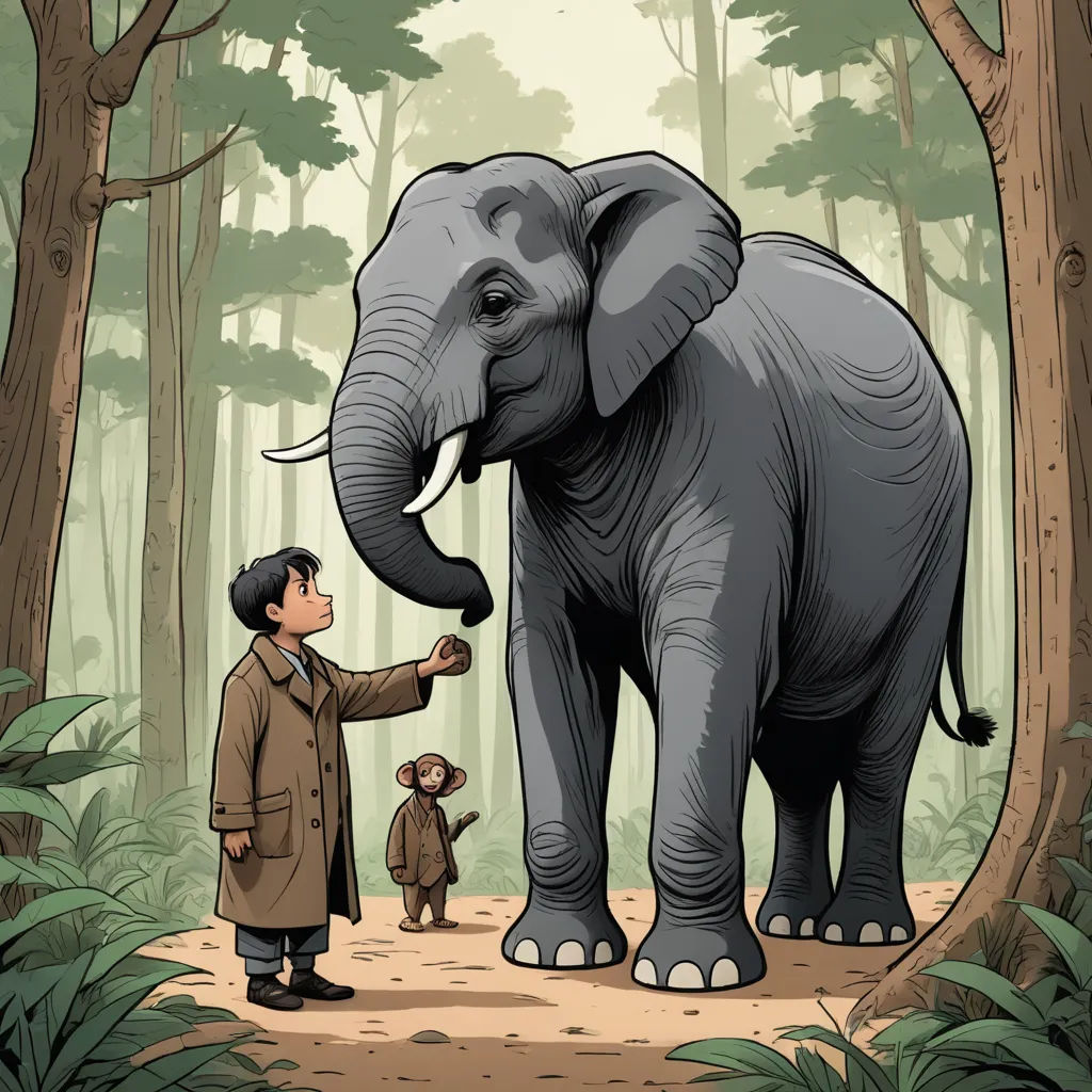 a man standing next to an elephant in a forest with a monkey on the ground next to him and another man standing next to the elephant, magical realism, a storybook illustration, Diego Gisbert Llorens, storybook illustration