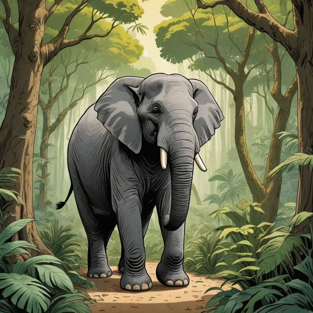 an elephant walking through a forest with trees and plants on the ground and a path leading to the elephant, sumatraism, a storybook illustration, Amédée Ozenfant, jungle