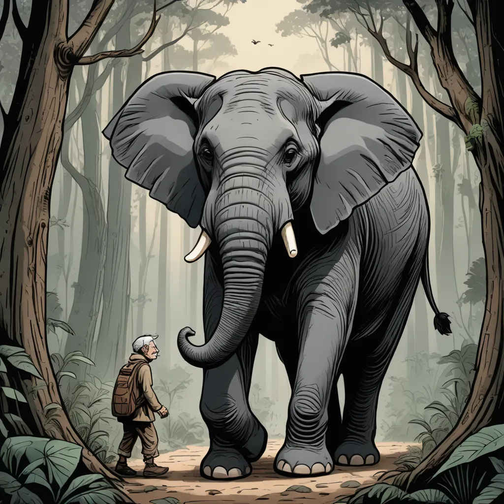 a man walking in the woods with an elephant in front of him and a forest background with trees and leaves, sumatraism, a storybook illustration, Arie Smit, graphic novel