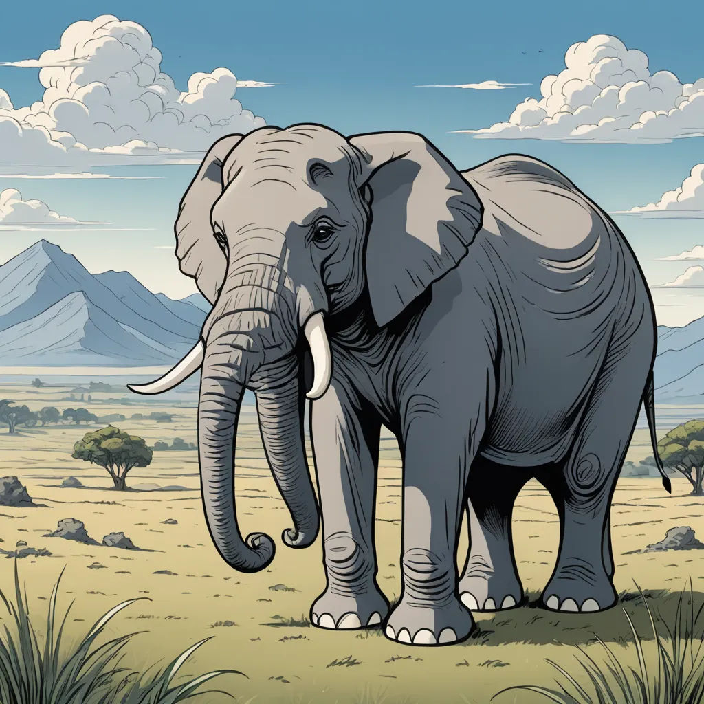 a large elephant standing in a field with mountains in the background and clouds in the sky above it,, fantastic realism, a storybook illustration, Chris LaBrooy, detailed illustration
