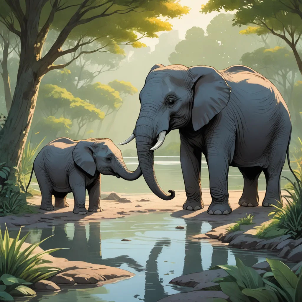 a mother elephant and her baby are standing in the water near the trees and rocks of the riverbank, sumatraism, a storybook illustration, Chris LaBrooy, storybook illustration