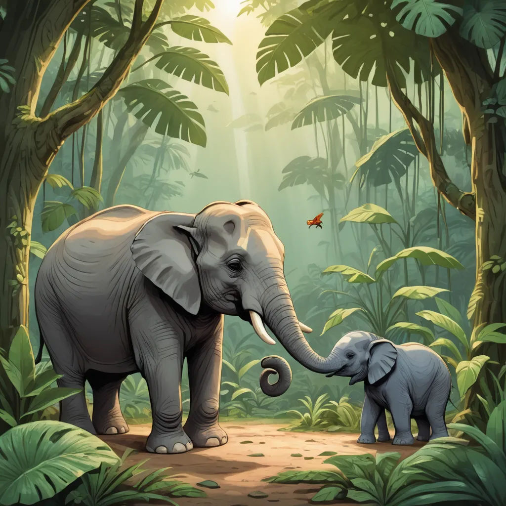 a baby elephant standing next to an adult elephant in a forest with a butterfly on its trunk and a sun shining through the trees, sumatraism, a storybook illustration, Amédée Ozenfant, storybook illustration