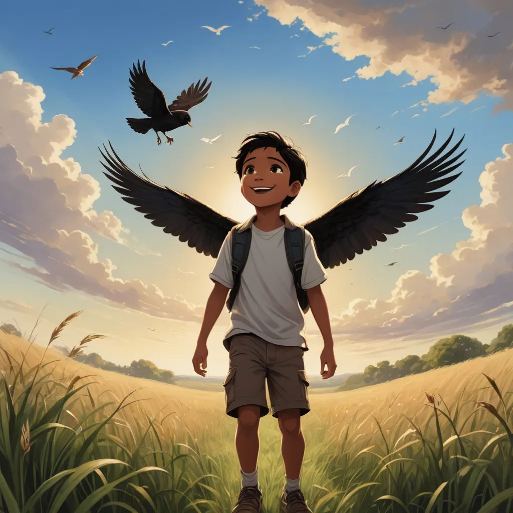 a boy with a backpack and a bird flying over him in a field of grass and grass with a blue sky, magical realism, a storybook illustration, Aaron Jasinski, comic cover art