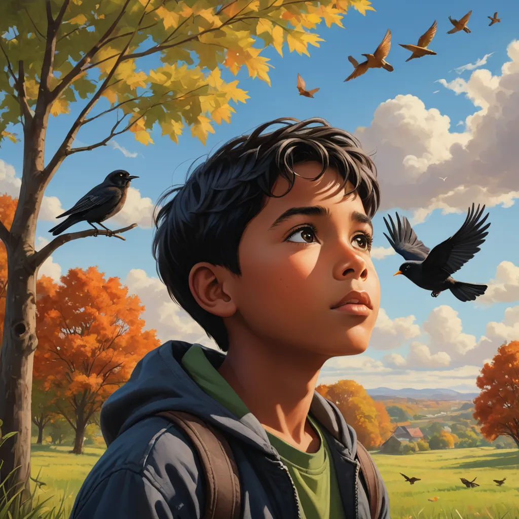 a painting of a boy looking up at a bird flying over him and a bird flying over him, with a tree in the background, american scene painting, a detailed painting, Aaron Jasinski, key art