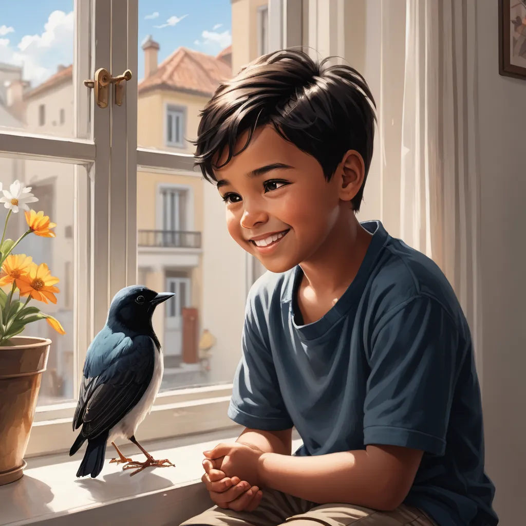 a boy sitting on a window sill next to a bird and a potted plant with flowers in it, american scene painting, a storybook illustration, Aaron Jasinski, promotional image