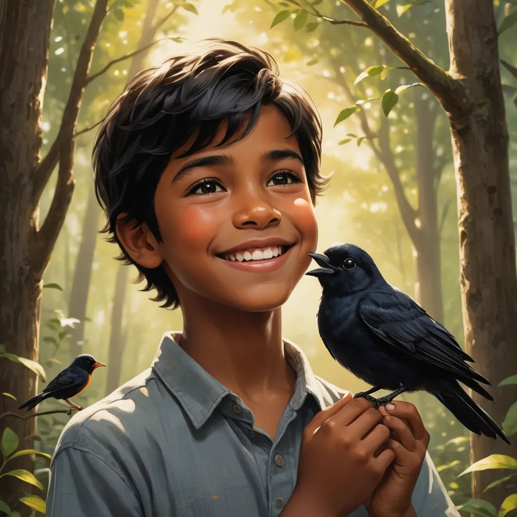 a boy holding a bird in front of a forest with two birds on his hand and a smiling boy in the background, magical realism, a storybook illustration, Aaron Jasinski, key art