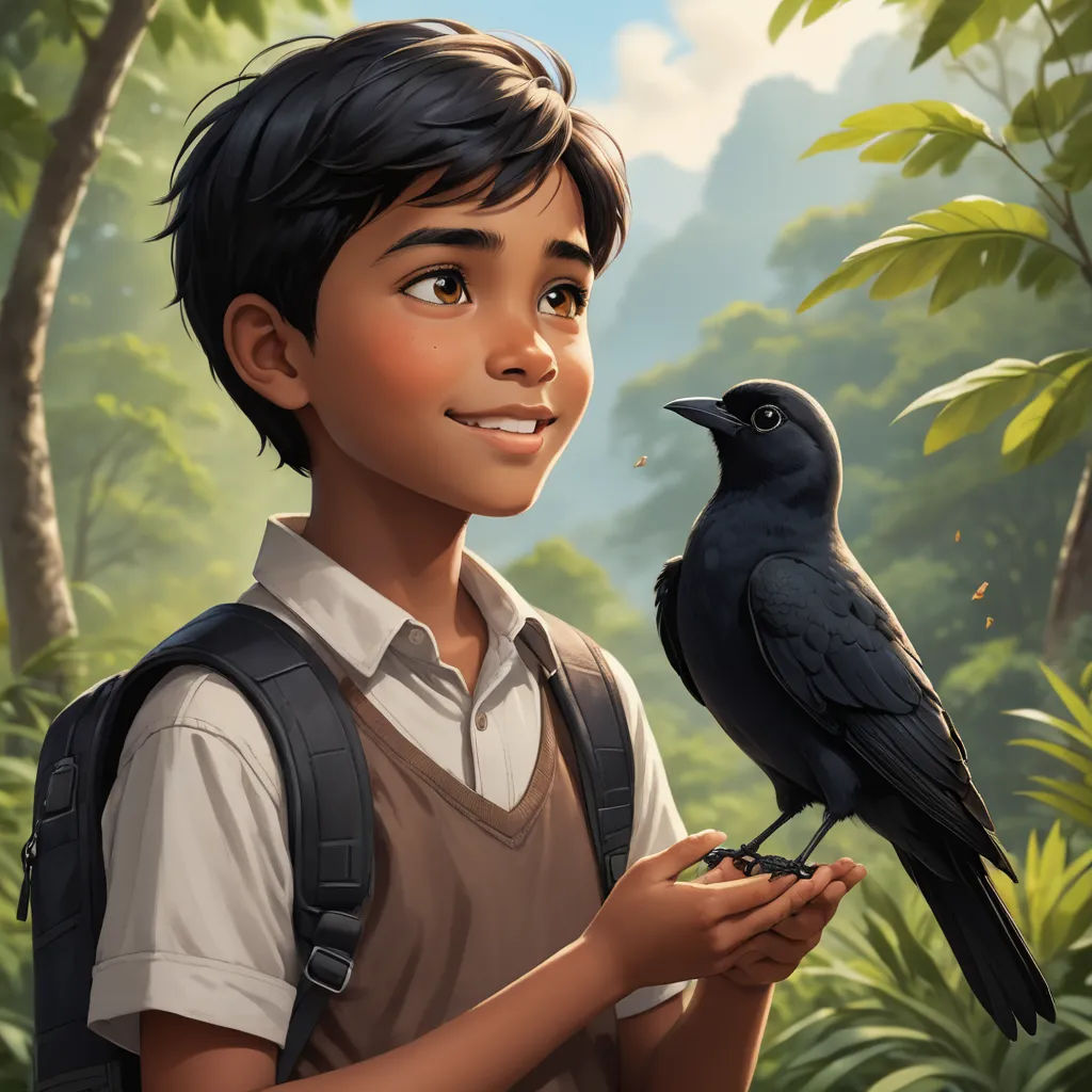 a boy holding a bird in his hand and a bird on his hand with a forest background behind him, bengal school of art, a character portrait, Aaron Jasinski, key art
