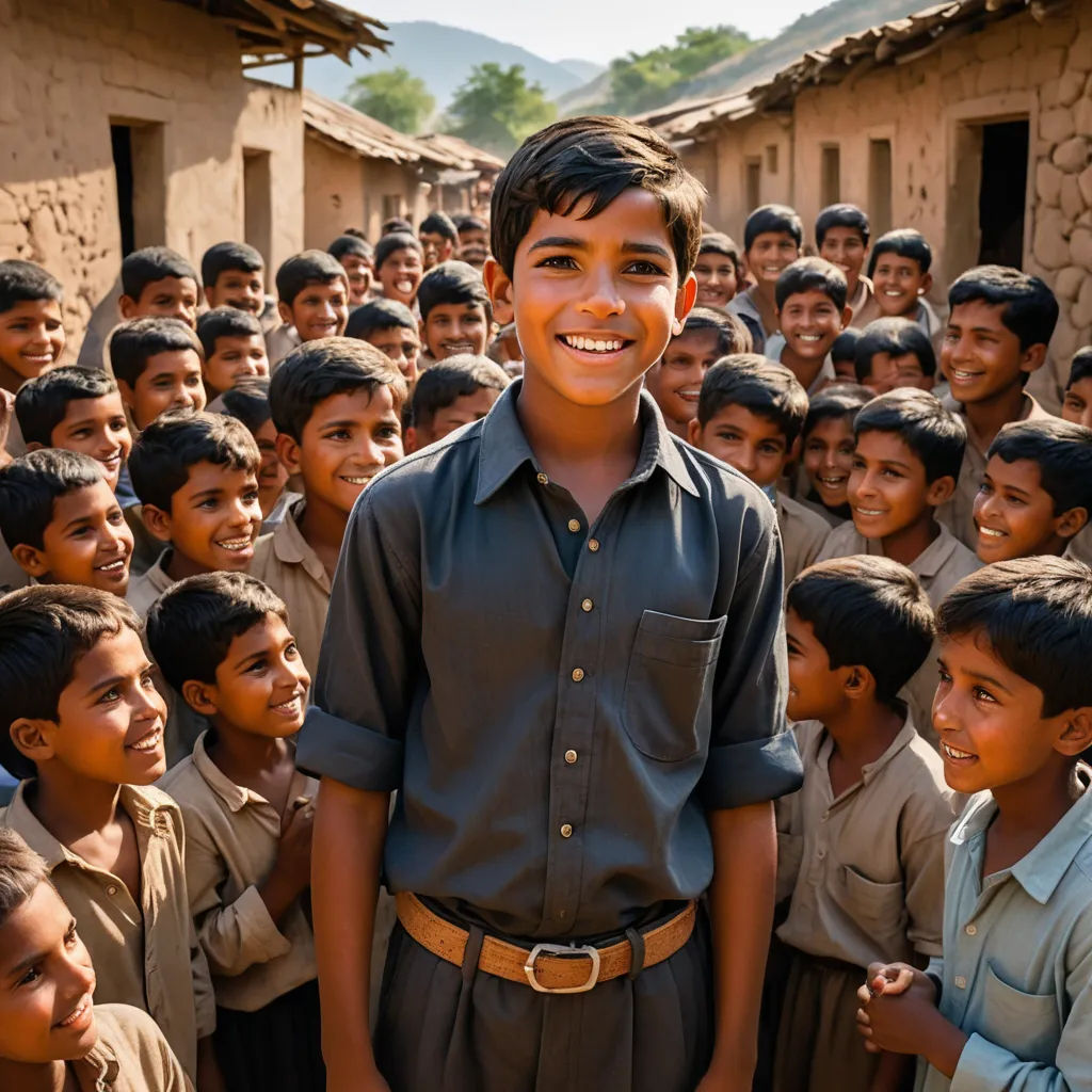 a boy standing in front of a group of school children in a village in india, smiling for the camera, danube school, a stock photo, Bholekar Srihari, jayison devadas
