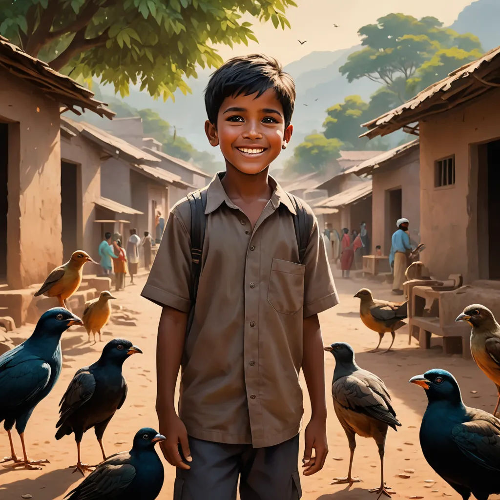 a boy standing in front of a group of birds in a village with a village in the background and a painting of a boy smiling, samikshavad, a detailed matte painting, Chris LaBrooy, highly detailed digital painting