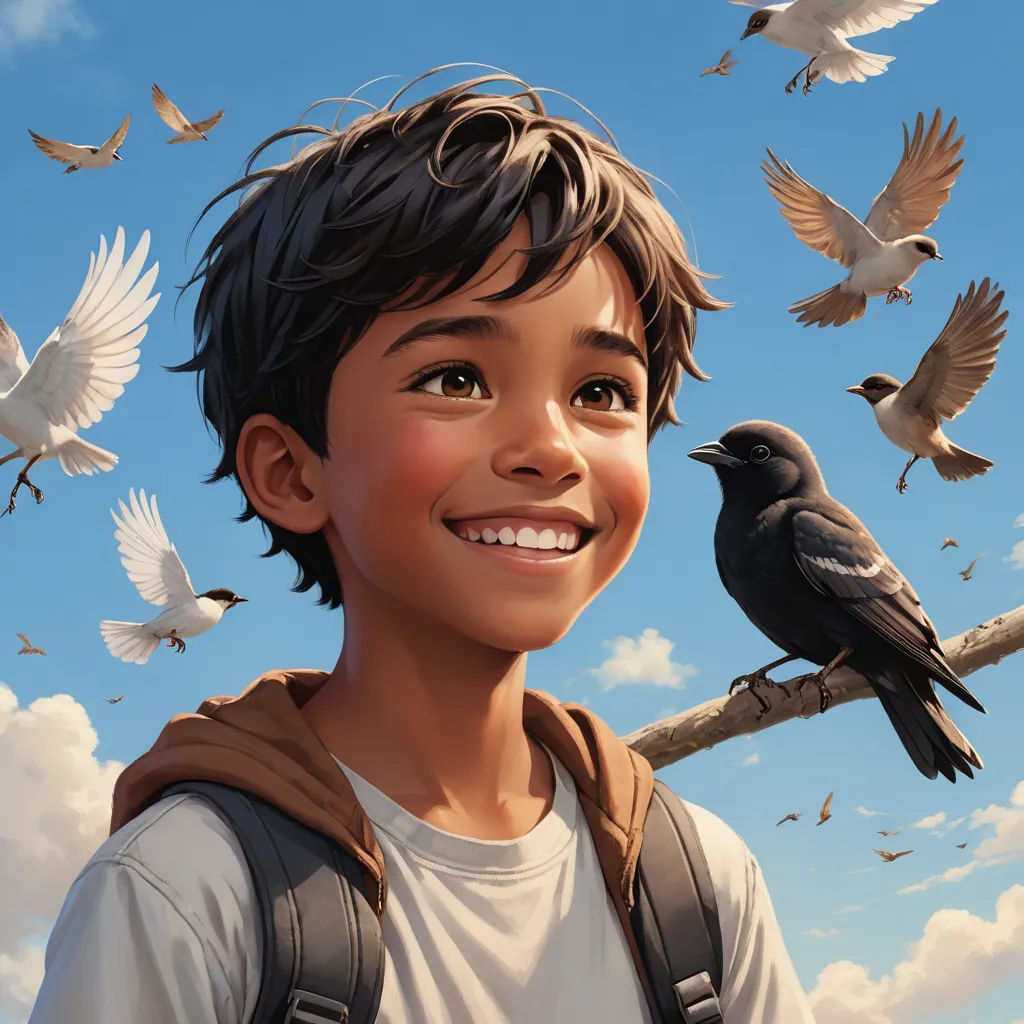 a boy with a backpack and birds flying around him in the sky above him is a boy with a backpack and a bird in his hand, photorealism, a character portrait, Aaron Jasinski, stanley artgerm lau
