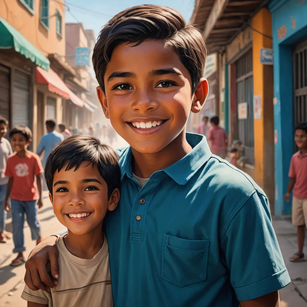 a boy and a boy are standing in the street smiling for the camera while others are walking by in the background, samikshavad, a poster, Bikash Bhattacharjee, vfx