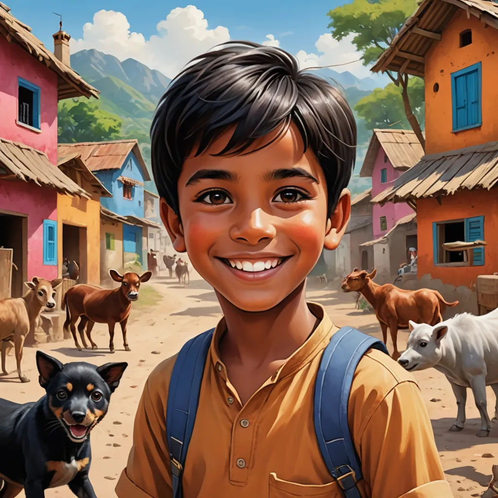 a boy with a backpack standing in front of a village with cows and cows in the background, and a dog standing in front of him, samikshavad, a storybook illustration, Aaron Jasinski, key art