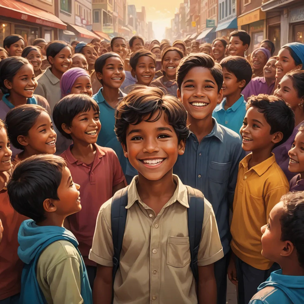 a group of children standing in a crowd of people in a city street with buildings and buildings in the background, samikshavad, poster art, Ella Guru, promotional image