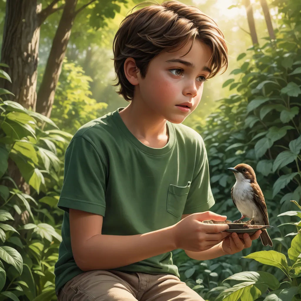 a boy holding a bird in a forest with a bird on his hand and a bird on his hand, photorealism, a hyperrealistic painting, Aaron Jasinski, highly detailed digital painting