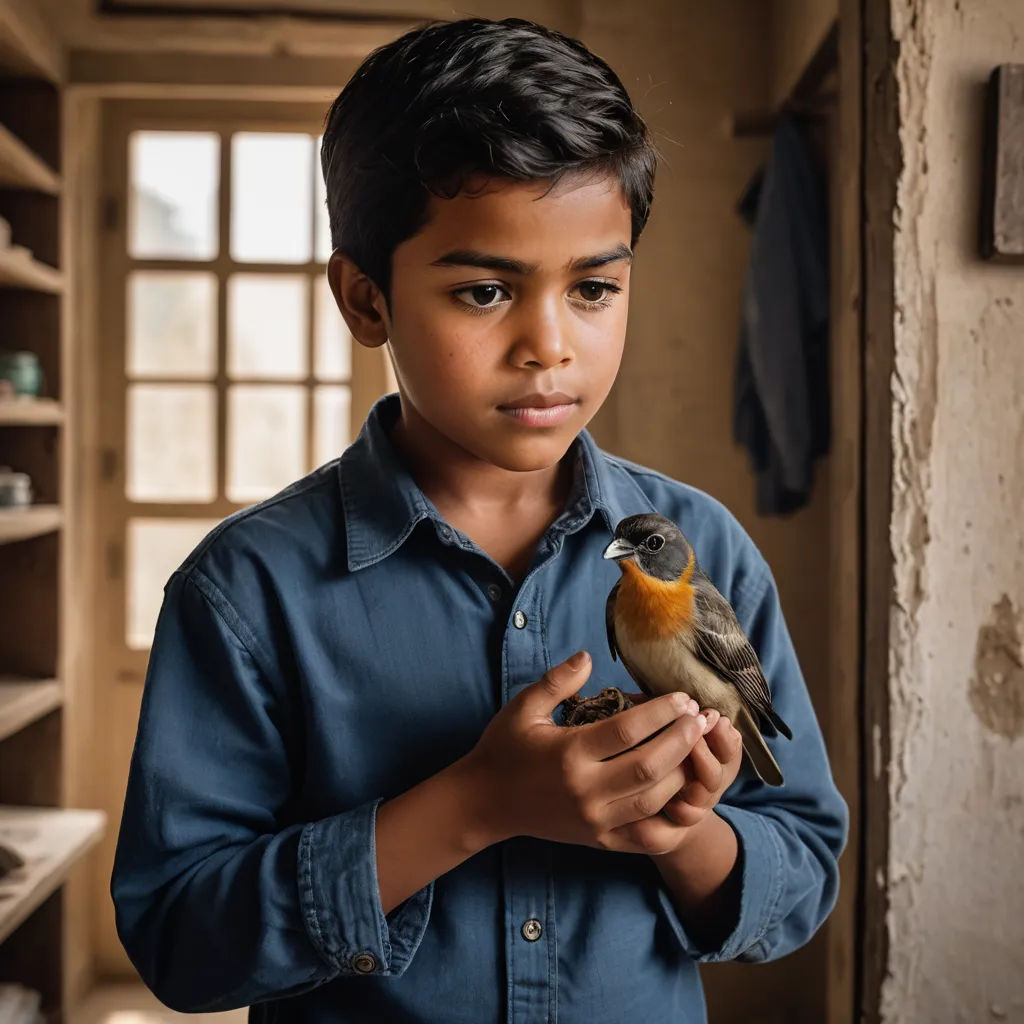 a young boy holding a bird in his hands in a room with shelves and a window in the background, samikshavad, a poster, Bhupen Khakhar, promotional image