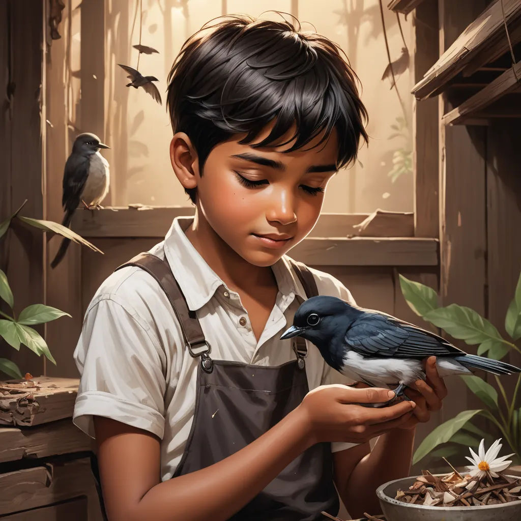 a boy holding a bird in his hands and a bowl of food in front of him with birds flying around, magic realism, a storybook illustration, Aaron Jasinski, stanley artgerm lau
