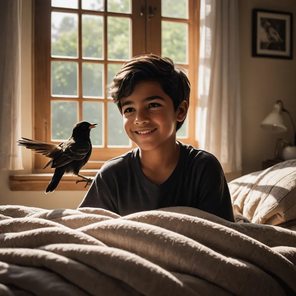 a boy is smiling while sitting on a bed with a bird on his arm and a window behind him, vanitas, poster art, Arthur Sarkissian, promotional image