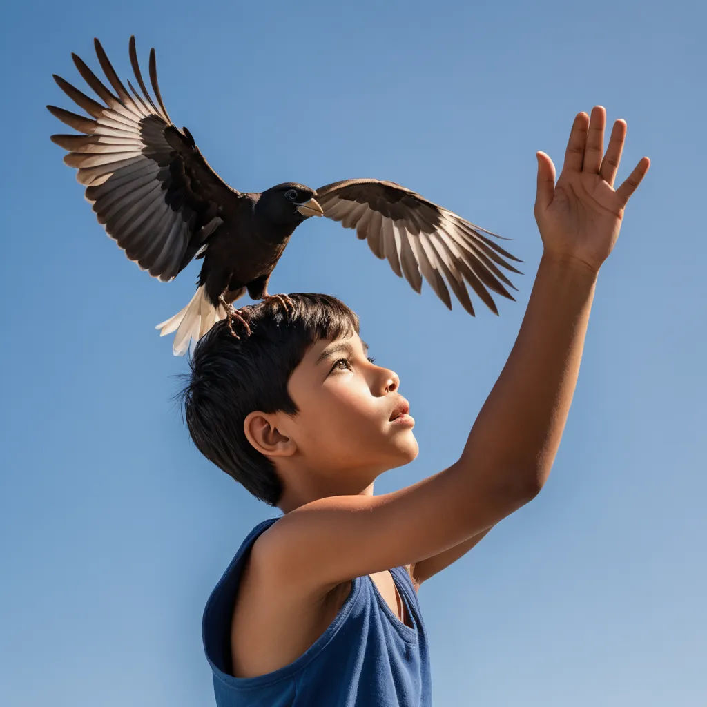 a young boy holding a bird on his arm with a sky background behind him and a bird on his head, magical realism, a stock photo, Daniel Lieske, promotional image