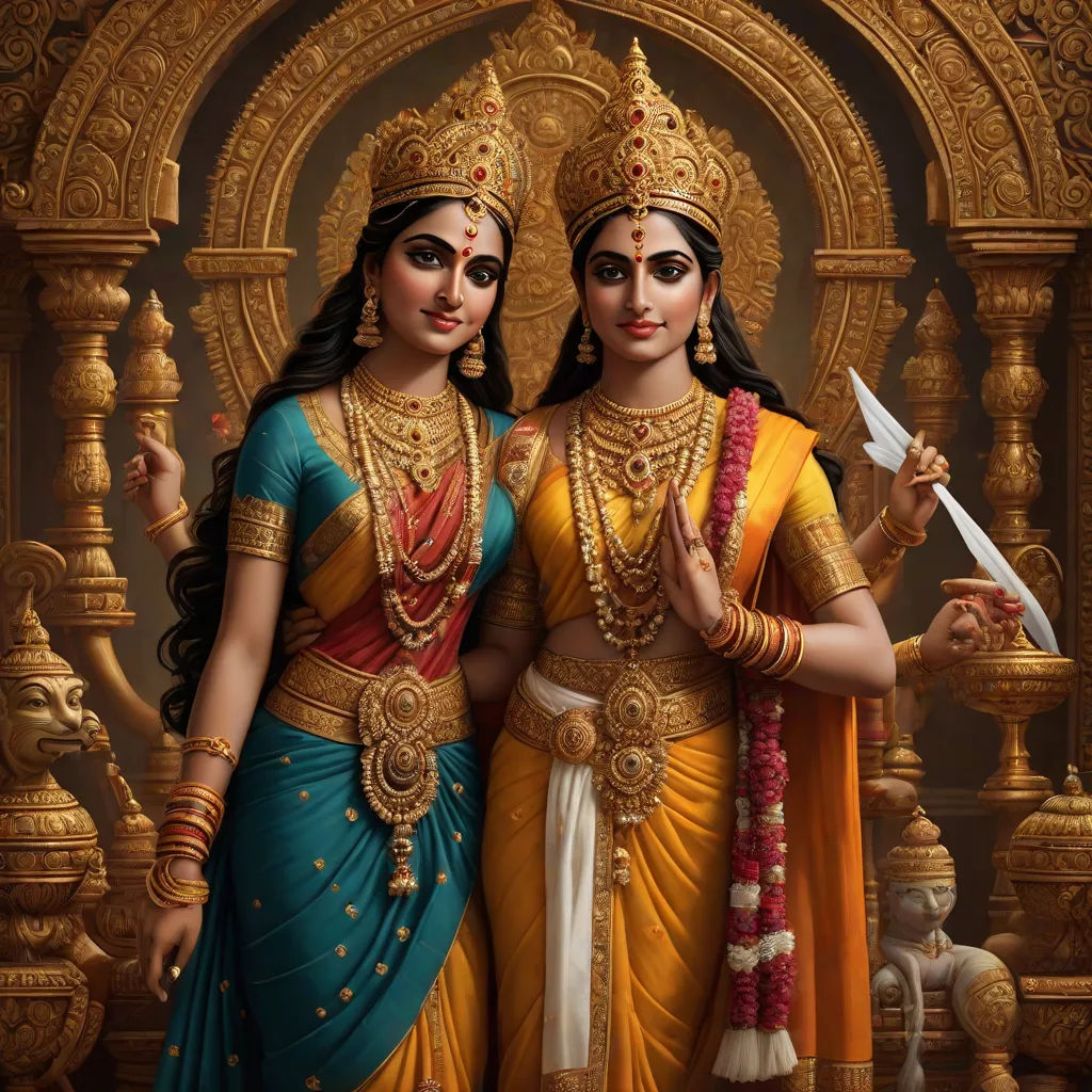 two women dressed in indian attire holding a knife and a paper in their hands, standing in front of a golden arch, bengal school of art, a detailed painting, Bholekar Srihari, highly detailed digital painting