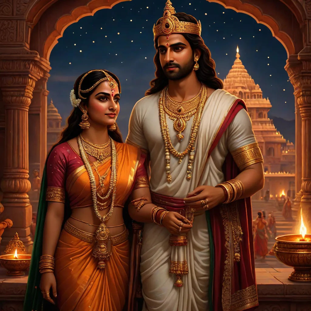 a painting of a man and woman in indian attire standing in front of a temple with candles lit in the background, samikshavad, a detailed painting, Bholekar Srihari, highly detailed digital painting