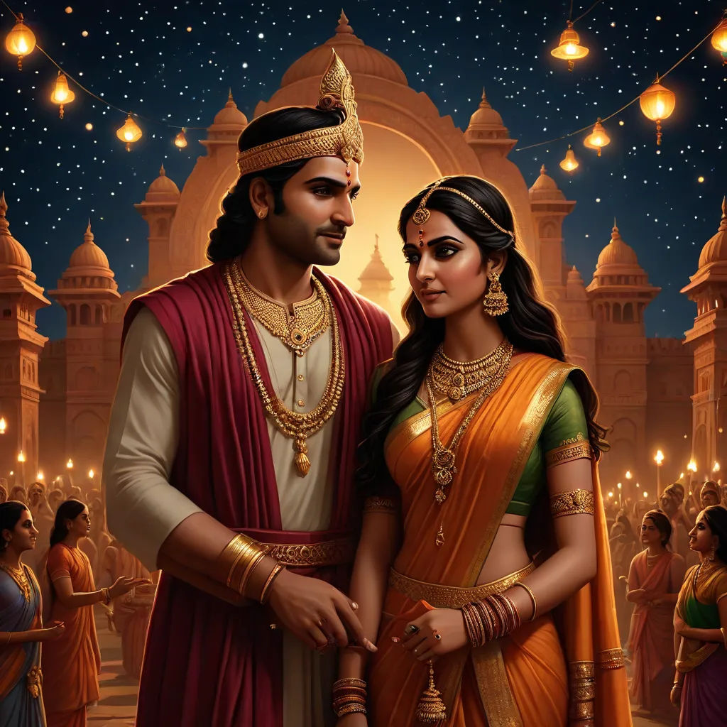 a painting of a couple dressed in indian garb and jewelry standing in front of a temple at night, samikshavad, a detailed painting, Bholekar Srihari, official art