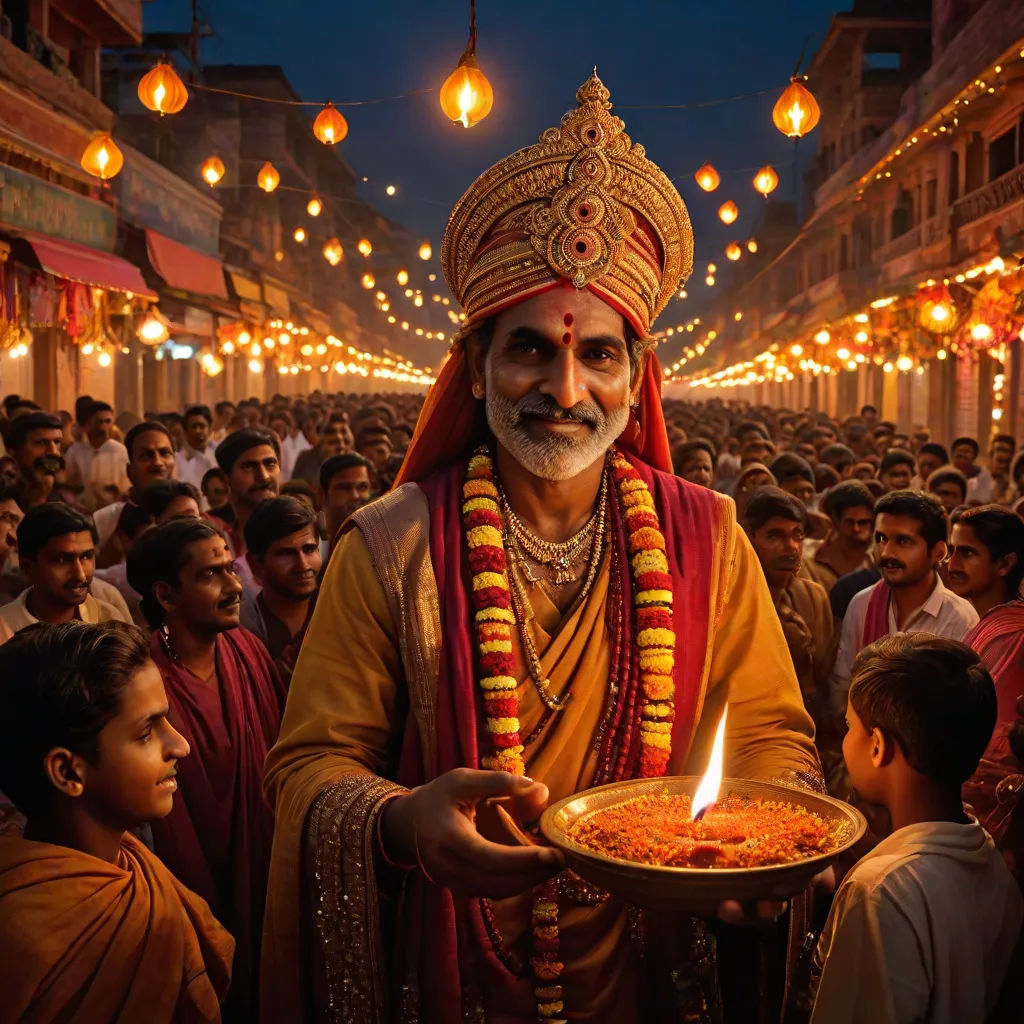 a man in a turban holding a plate of food with a candle in it in front of a crowd of people, samikshavad, a detailed matte painting, Bholekar Srihari, cinematic photography