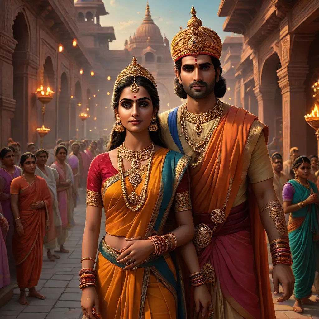 a man and woman dressed in indian attire standing in front of a crowd of people in a temple,, samikshavad, a detailed matte painting, Bholekar Srihari, promotional image