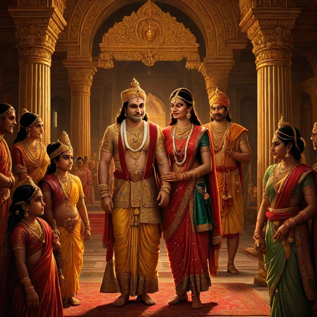 a painting of a man and woman in indian attire standing in front of a group of other people in a temple, samikshavad, a detailed matte painting, Bholekar Srihari, promotional image