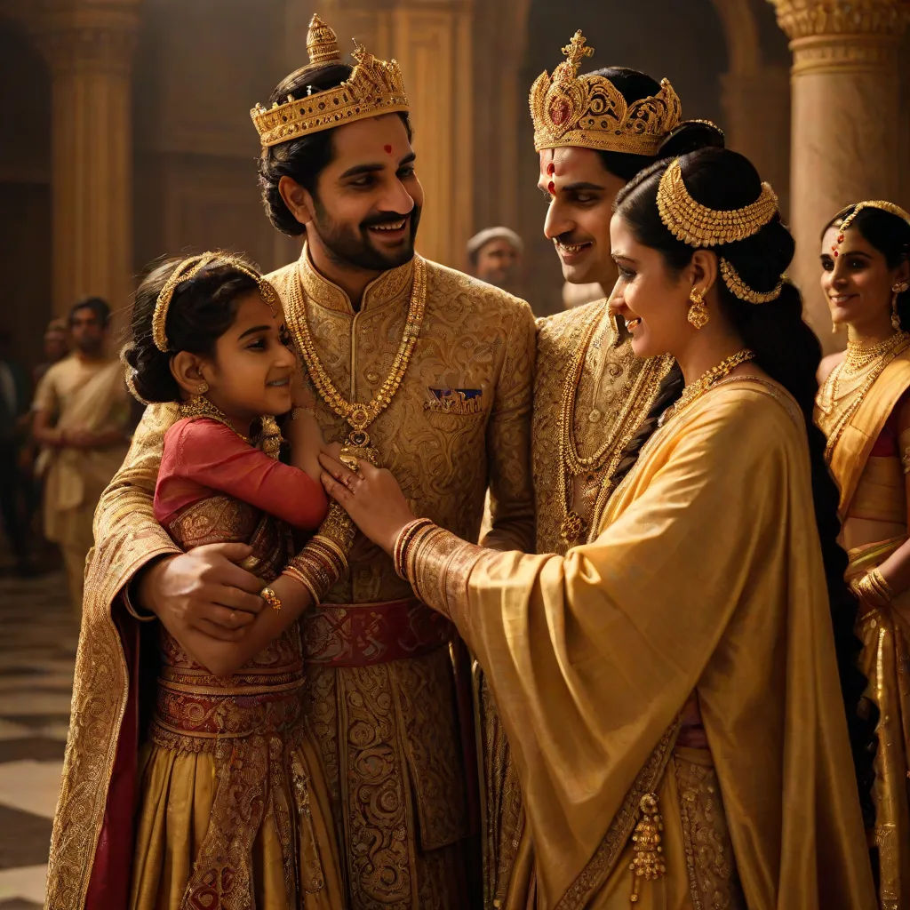 a man in a crown and two women in a dress and a man in a costume and a woman in a dress, samikshavad, a detailed matte painting, Bholekar Srihari, promotional image