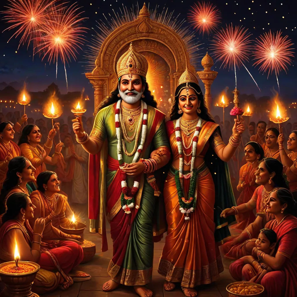 a painting of a couple holding candles in front of a crowd of people with fireworks in the background of them, samikshavad, a storybook illustration, Bholekar Srihari, highly detailed digital painting