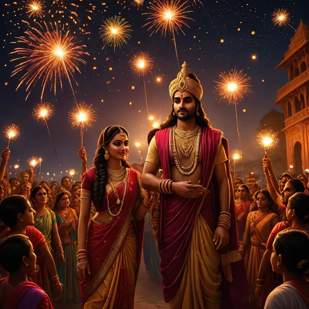 a painting of a man and woman in a temple with fireworks in the sky above them and a crowd of people, samikshavad, a detailed matte painting, Bholekar Srihari, promotional image