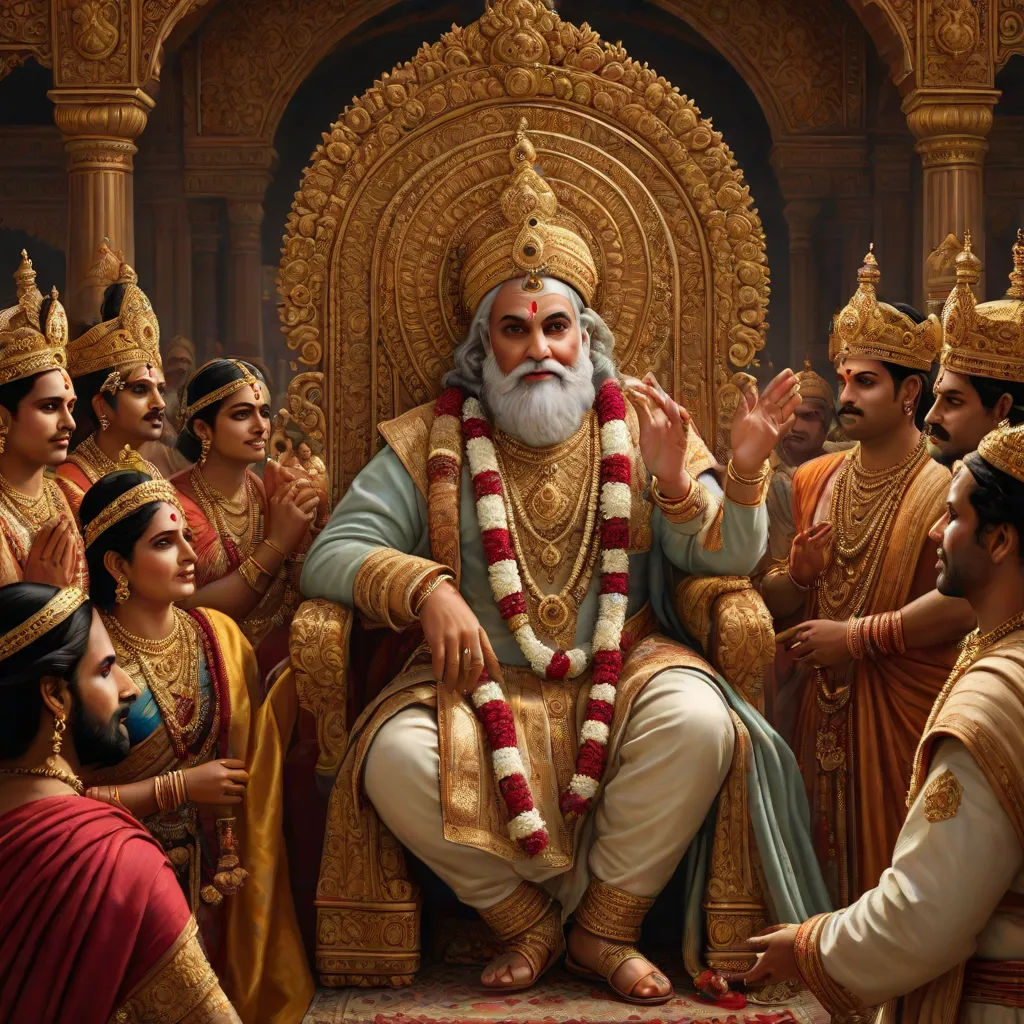 a painting of a man sitting on a throne surrounded by other men and women in indian garb and headdress, samikshavad, a detailed painting, Bholekar Srihari, highly detailed digital painting