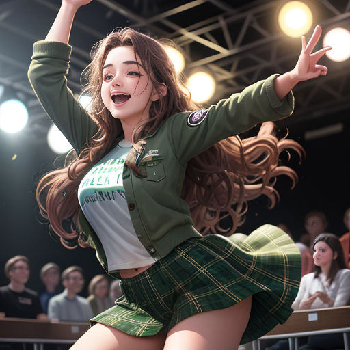a woman in a skirt and jacket dancing in front of a crowd of people in a theater hall with their arms in the air