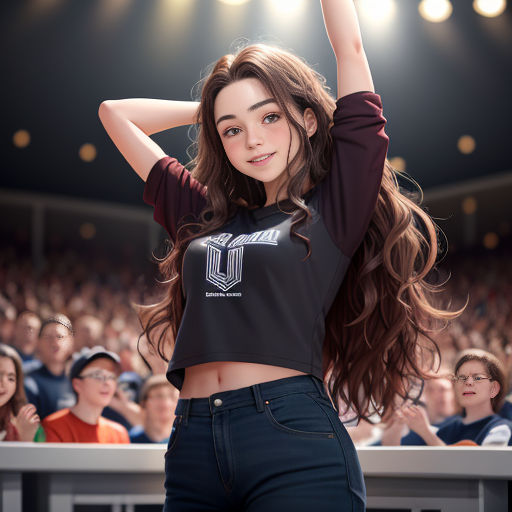 a woman with long hair standing in front of a crowd of people in a stadium wearing a black shirt