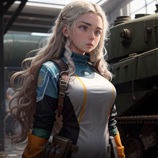 a woman with long hair standing next to a tank in a building with a gun in her hand and a gun in her other hand