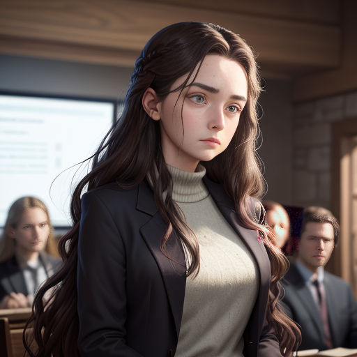 a woman in a suit standing in front of a class room full of people in suits and ties,