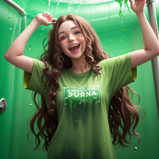 a girl is smiling while holding her hair in the air and spraying green liquid on her face and hands