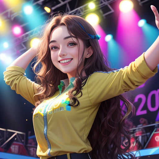 a girl with long hair and a yellow shirt is smiling and waving her hands in the air while standing on stage