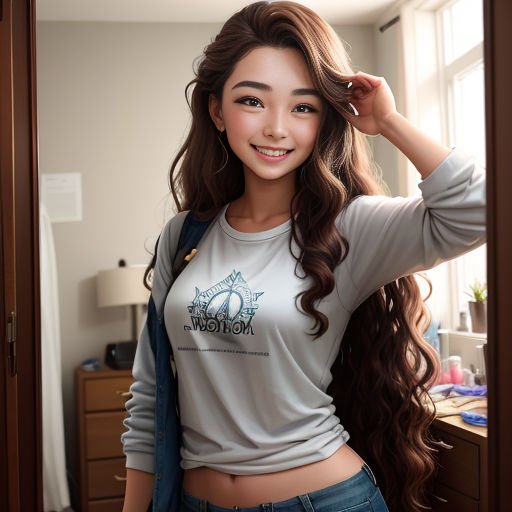 a woman with long hair standing in a room with a mirror and smiling at the camera, wearing a grey shirt and jeans
