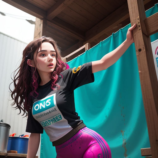 a woman with pink hair is posing for a picture in a t - shirt and leggings with a blue backdrop