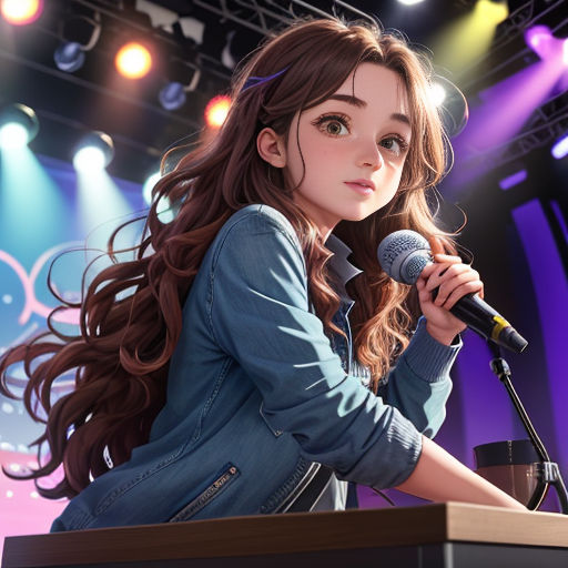 a girl with long hair holding a microphone in front of a stage with lights and spotlights on it