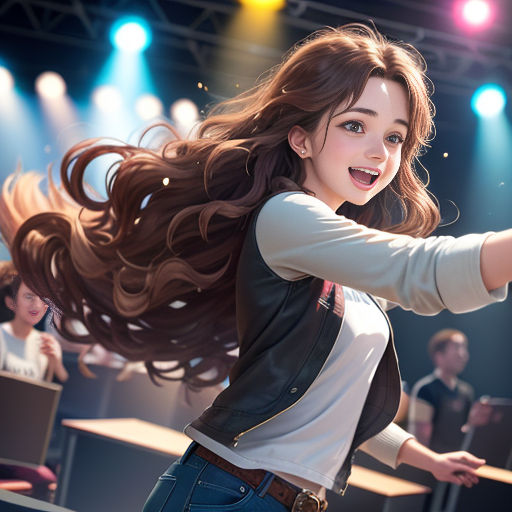 a woman with long hair is holding a remote control in her hand and a man is behind her in the background