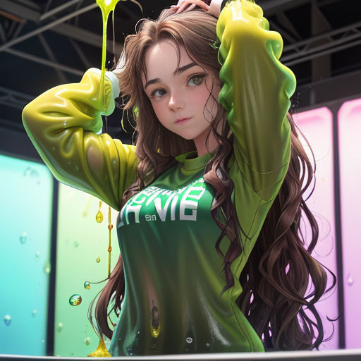 a woman with long hair holding a green liquid bottle in her hand and a green liquid pouring out of her hair