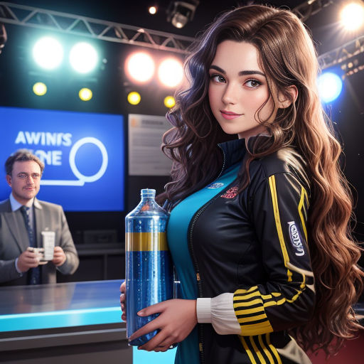 a woman holding a bottle of water in front of a tv screen with a man in a suit behind her