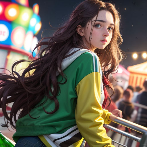 a girl with long hair standing on a carnival ride at night with a ferris wheel in the background and a carousel in the foreground
