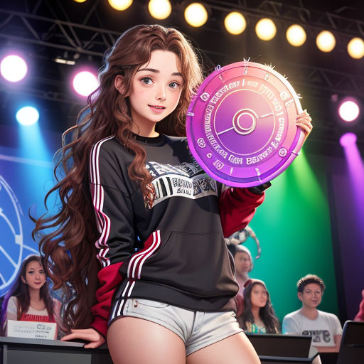 a girl holding a frisbee in front of a crowd of people on stage with lights behind her