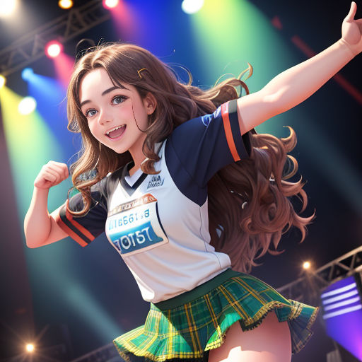 a girl in a skirt is dancing on stage with lights behind her and a microphone in her hand and a microphone in her other hand