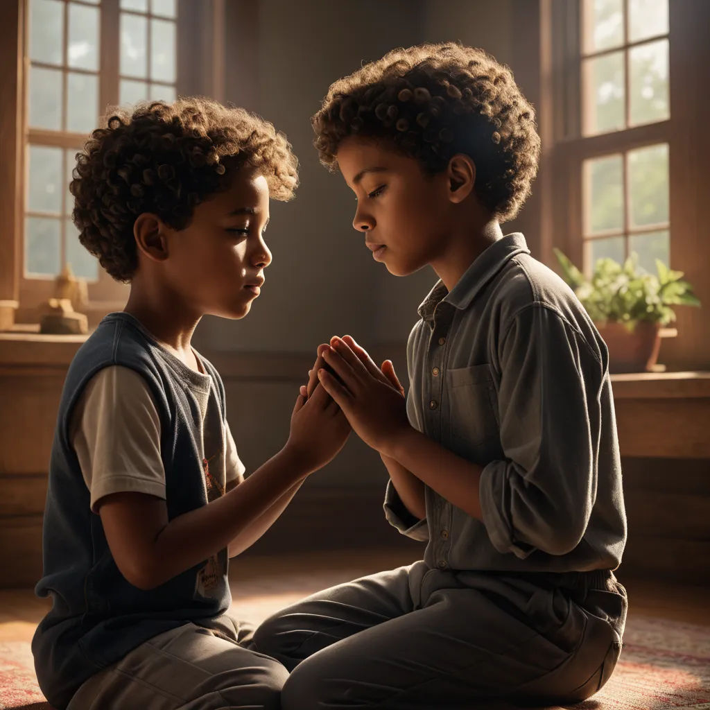 two children sitting on the floor and praying together, with a window in the background and a potted plant in the corner, harlem renaissance, poster art, Brad Kunkle, promotional image