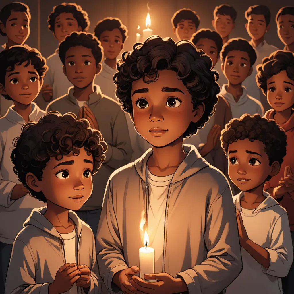 a boy holding a candle in front of a group of people in white shirts and hoodies, all looking at the camera, serial art, a storybook illustration, Chris LaBrooy, comic cover art