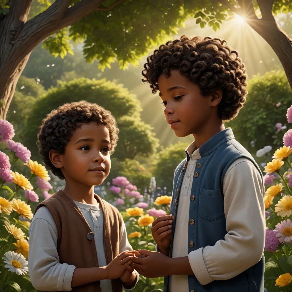 a painting of two children standing in a field of flowers with trees in the background and sunlight shining through the leaves, harlem renaissance, poster art, Felix-Kelly, official art